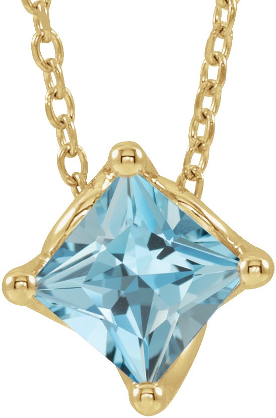 14K Gold Square Natural Aquamarine Solitaire Necklace or Slide Pendant - Yellow Gold