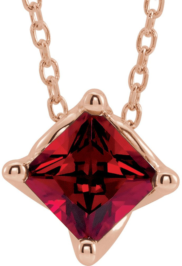 14K Gold Square Lab-Grown Ruby Solitaire Necklace or Slide Pendant - Rose Gold