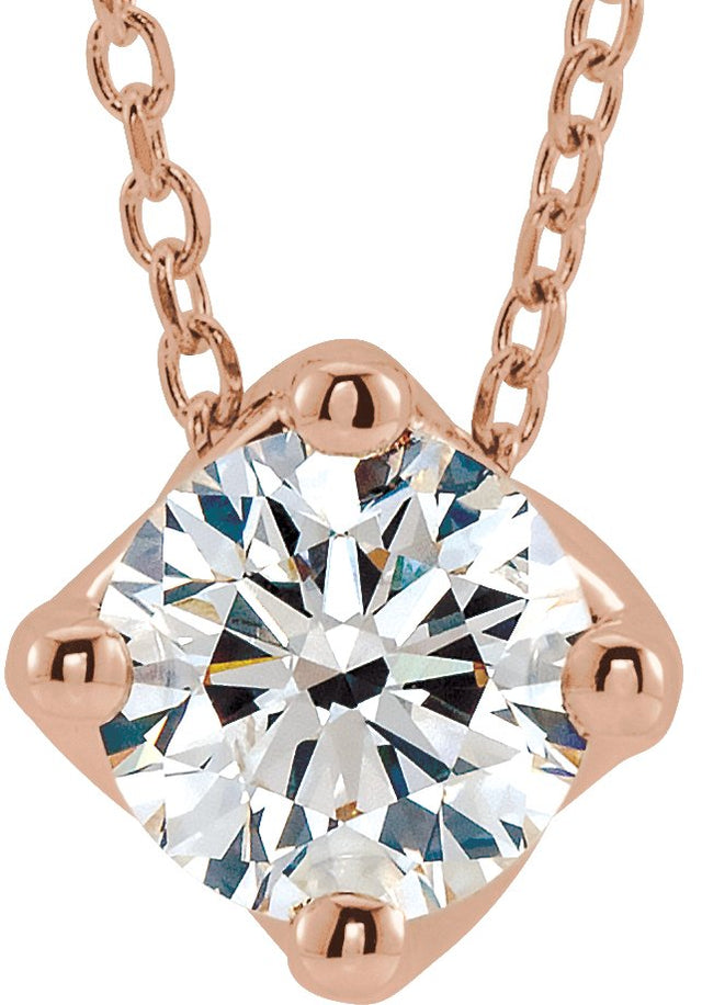 14K Gold Round Natural Diamond Solitaire Necklace or Slide Pendant - Rose Gold