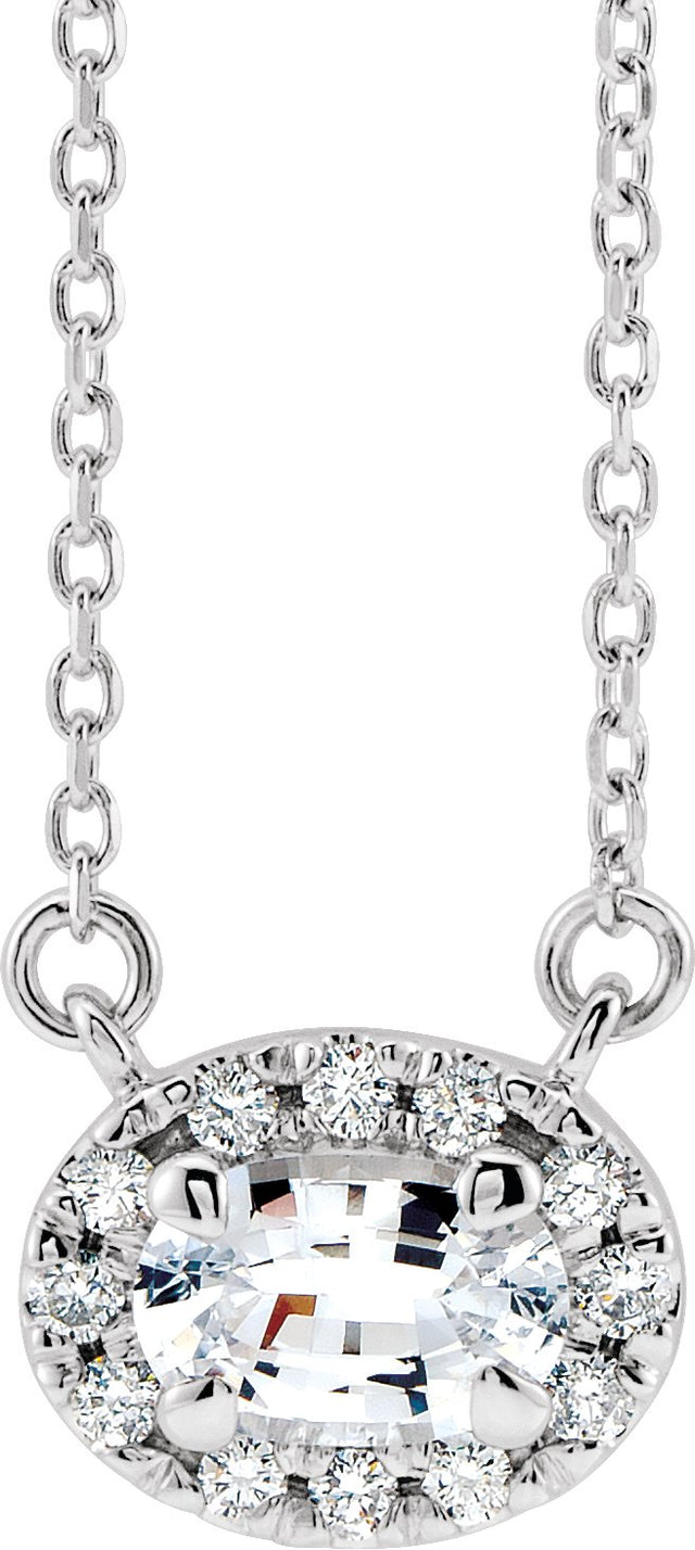 14K Gold Oval Natural White Sapphire French-Set Halo-Style Necklace - White Gold