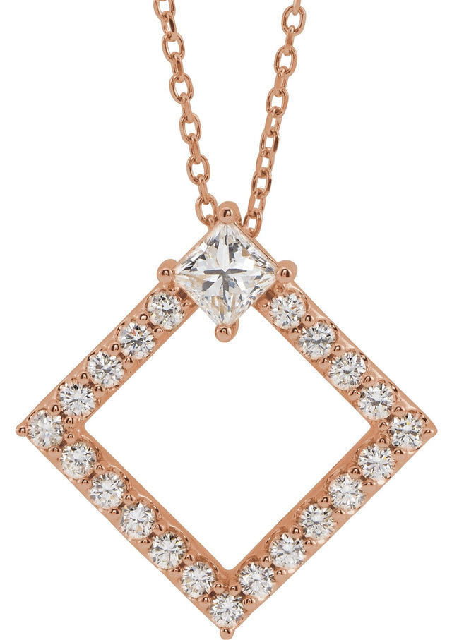 14K Gold Square Natural Diamond Accented Geometric Necklace or Pendant - Rose Gold