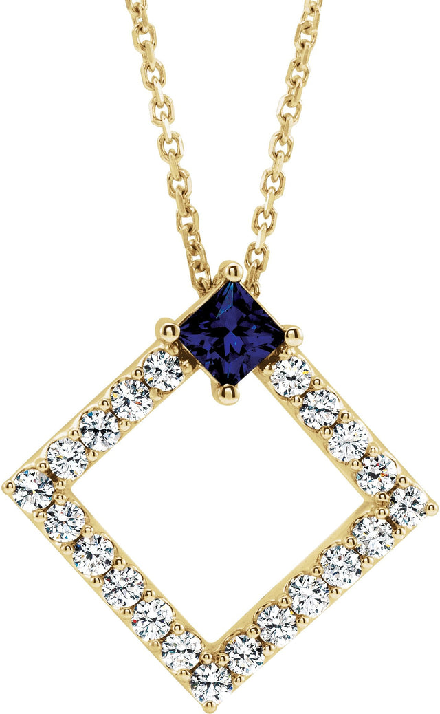 14K Gold Square Natural Blue Sapphire Accented Geometric Necklace or Pendant - Yellow Gold
