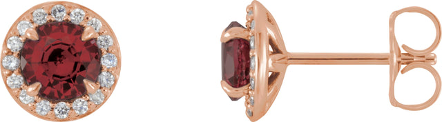 14K Gold Natural Mozambique Garnet Round 4-Prong Halo-Style Earrings – 3.5-5mm Stones - Rose Gold