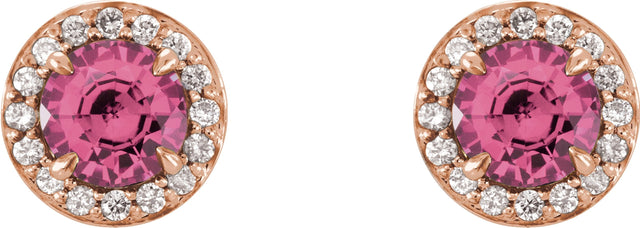 14K Gold Natural Pink Tourmaline Round 4-Prong Halo-Style Earrings – 3.5-5mm Stones - Rose Gold