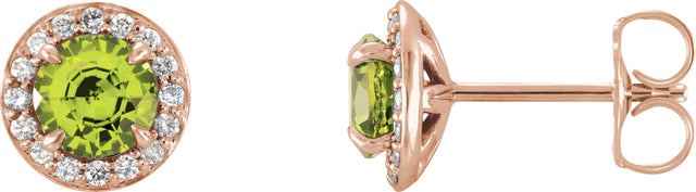 14K Gold Natural Peridot Round 4-Prong Halo-Style Earrings – 3.5-5mm Stones - Rose Gold