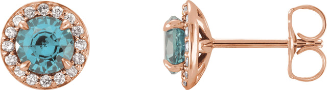 14K Gold Natural Blue Zircon Round 4-Prong Halo-Style Earrings – 3.5-5mm Stones - Rose Gold