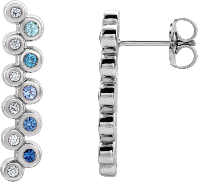 14K Gold Round Natural Blue Multi-Gemstone Bezel-Set Bar Earrings - White Gold