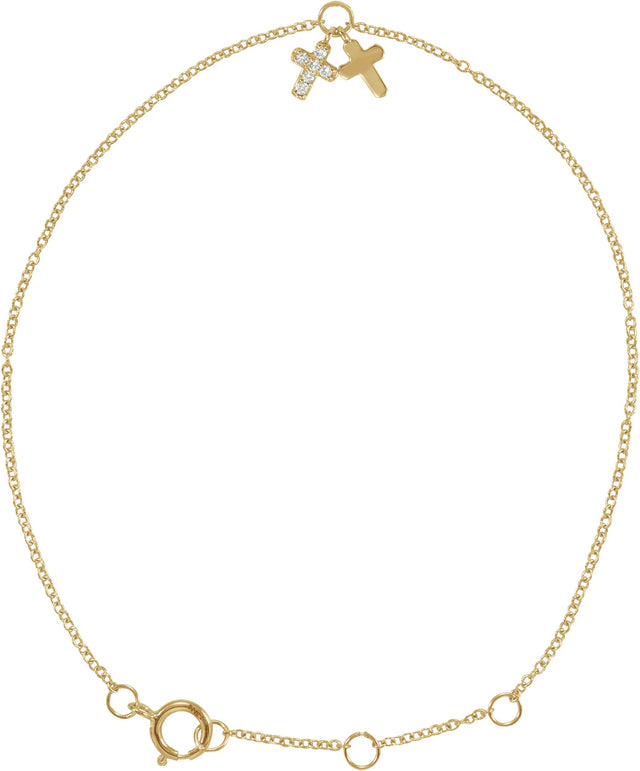 14K Gold Round Natural Diamond Adjustable Cross Bracelet - Yellow Gold