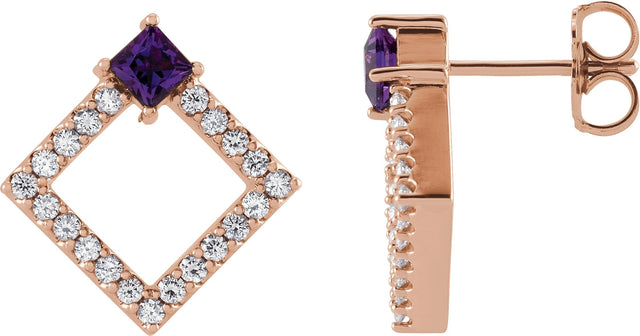 14K Gold Square Natural Amethyst Accented Geometric Earrings - Rose Gold