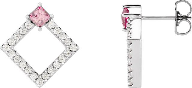 14K Gold Square Natural Pink Tourmaline Accented Geometric Earrings - White Gold