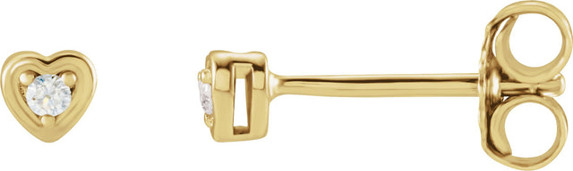 14K Gold Natural Diamond Round 3-Prong Youth Heart Earrings - Yellow Gold