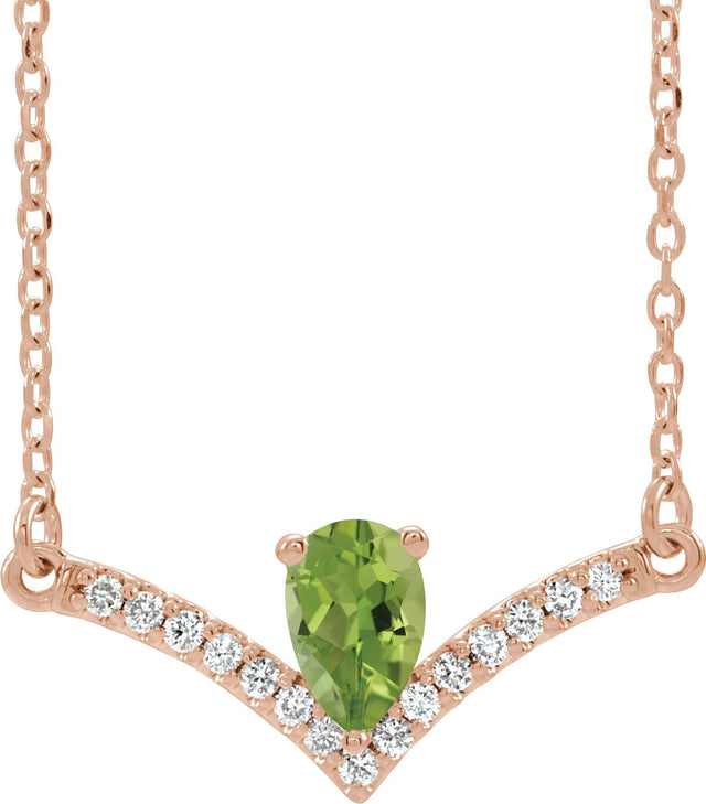 14K Gold Pear Natural Peridot Accented V Necklace - Rose Gold