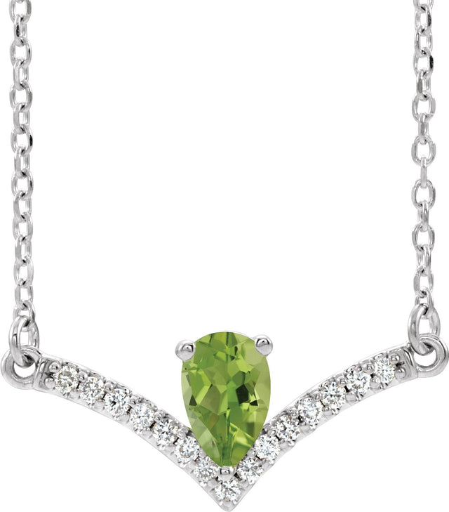 14K Gold Pear Natural Peridot Accented V Necklace - White Gold
