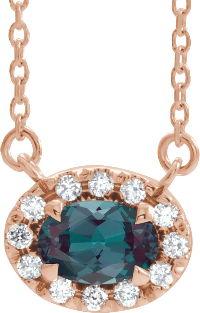 14K Gold Oval Lab-Grown Alexandrite French-Set Halo-Style Necklace - Rose Gold