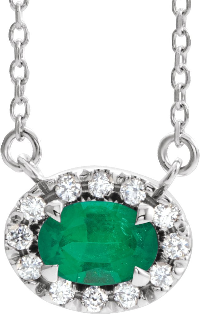 Platinum Oval Natural Emerald French-Set Halo-Style Necklace