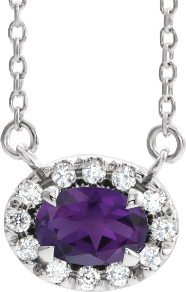 14K Gold Oval Natural Amethyst French-Set Halo-Style Necklace - White Gold