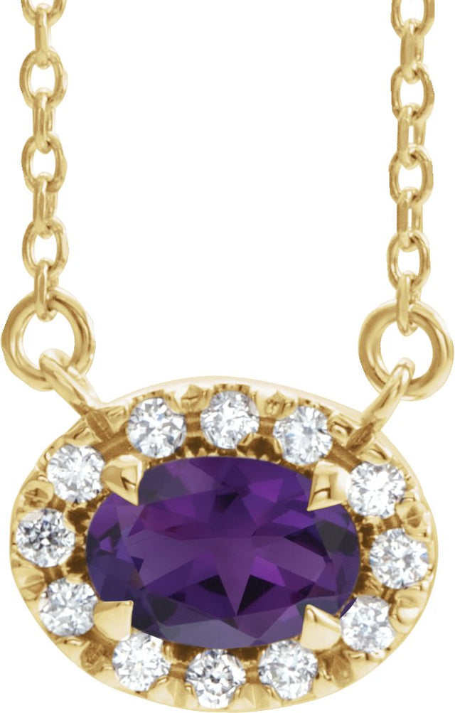 14K Gold Oval Natural Amethyst French-Set Halo-Style Necklace - Yellow Gold