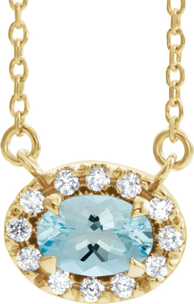 14K Gold Oval Natural Aquamarine French-Set Halo-Style Necklace - Yellow Gold