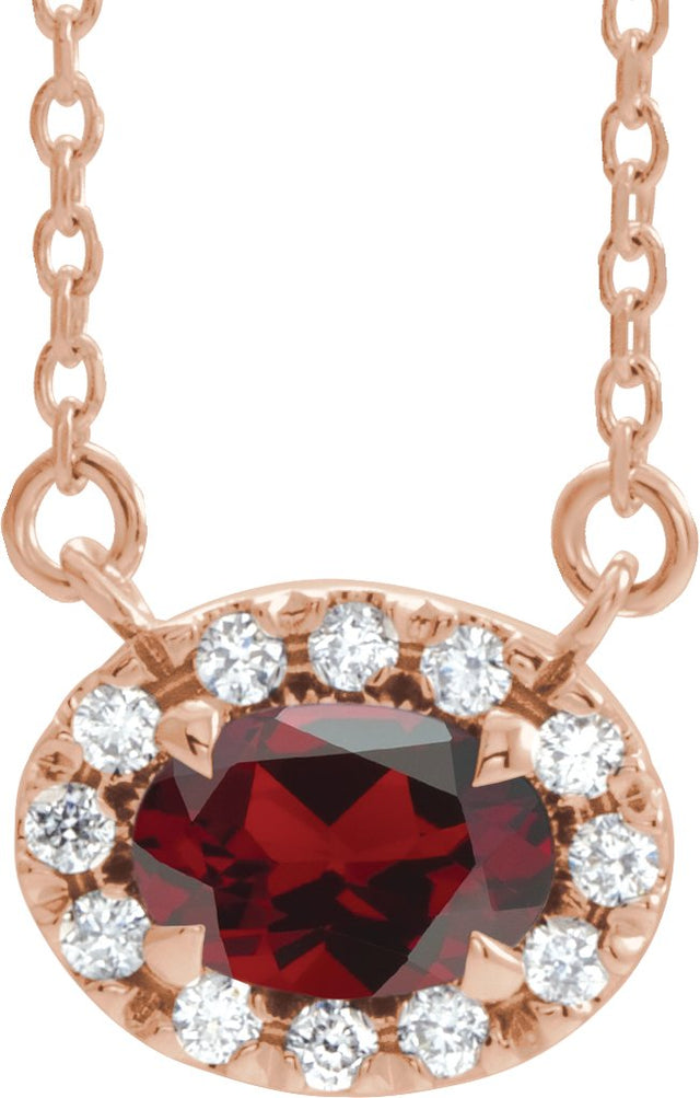 14K Gold Oval Natural Mozambique Garnet French-Set Halo-Style Necklace - Rose Gold