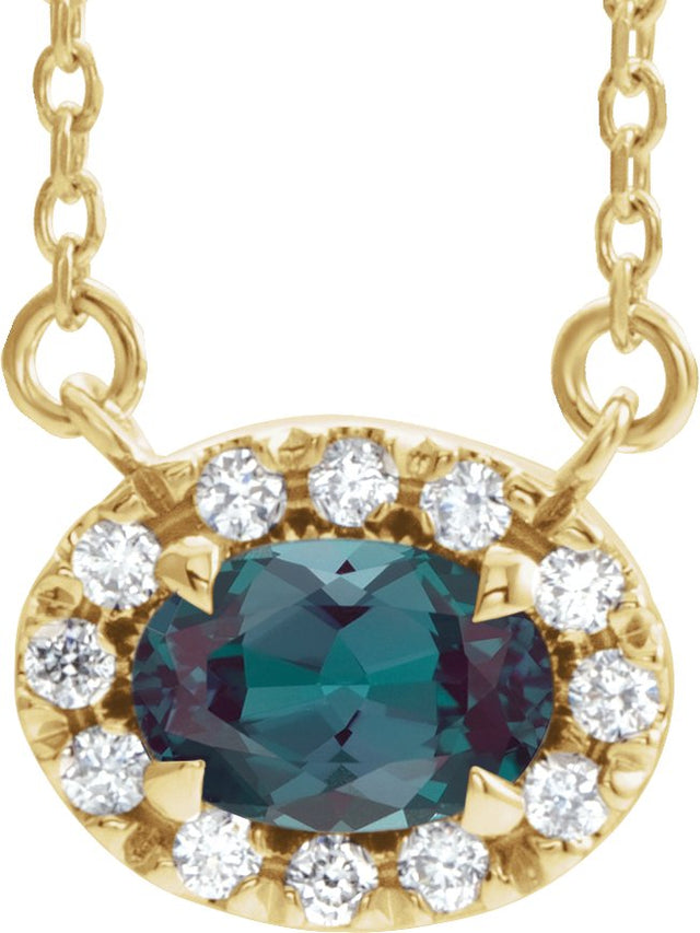 14K Gold Oval Lab-Grown Alexandrite French-Set Halo-Style Necklace - Yellow Gold