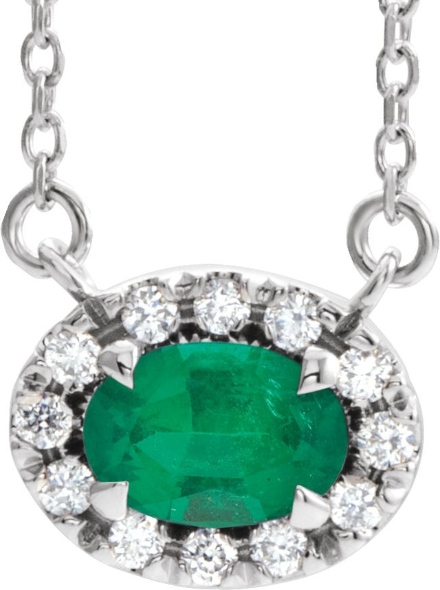 14K Gold Oval Lab-Grown Emerald French-Set Halo-Style Necklace - White Gold