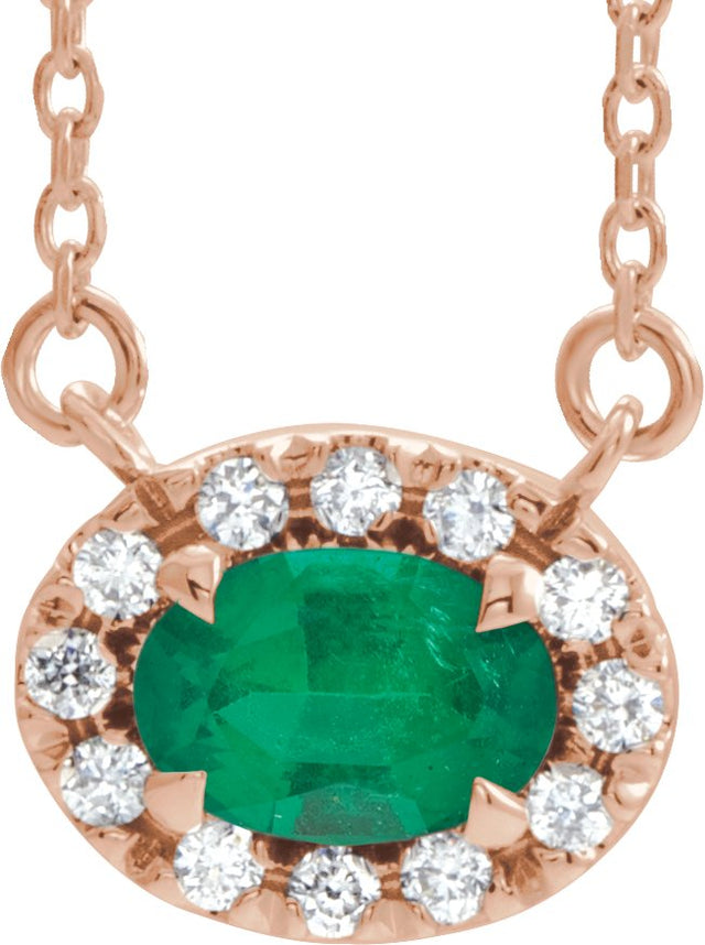 14K Gold Oval Lab-Grown Emerald French-Set Halo-Style Necklace - Rose Gold