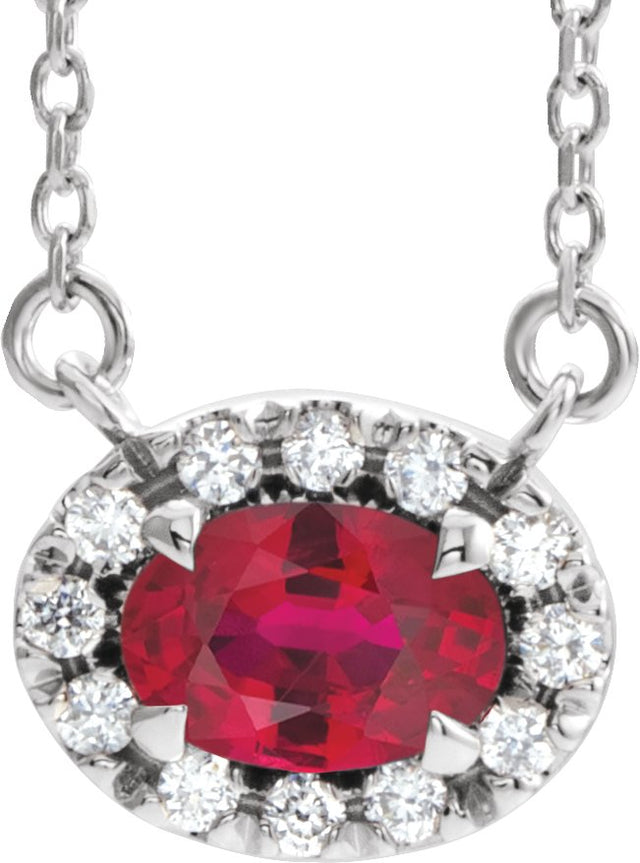 14K Gold Oval Lab-Grown Ruby French-Set Halo-Style Necklace - White Gold