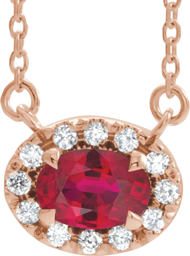 14K Gold Oval Lab-Grown Ruby French-Set Halo-Style Necklace - Rose Gold