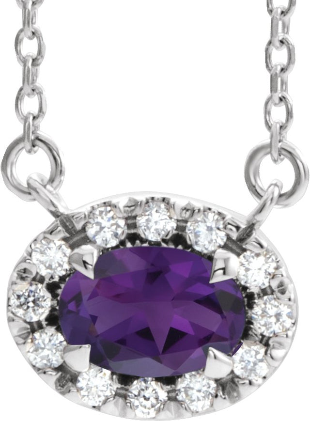 Platinum Oval Natural Amethyst French-Set Halo-Style Necklace