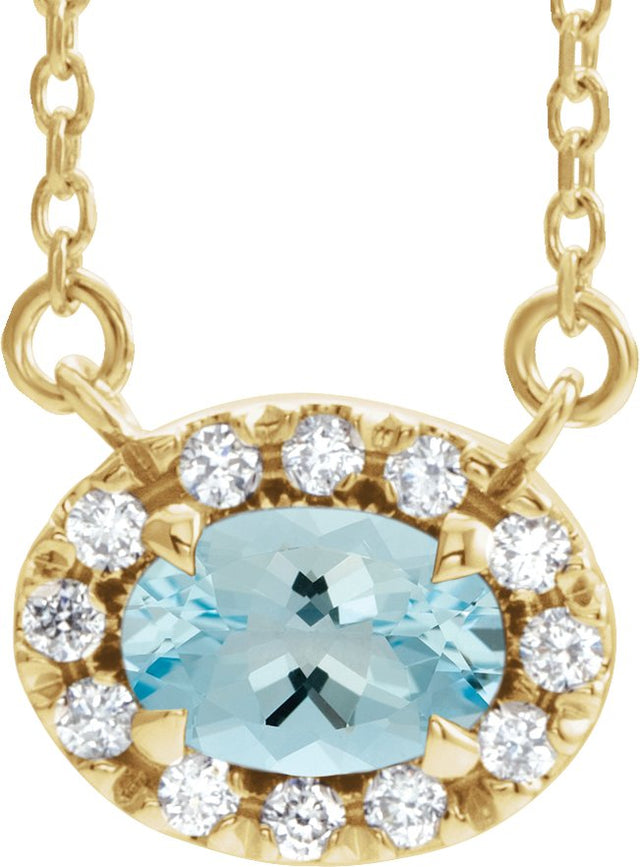 14K Gold Oval Natural Aquamarine French-Set Halo-Style Necklace - Yellow Gold