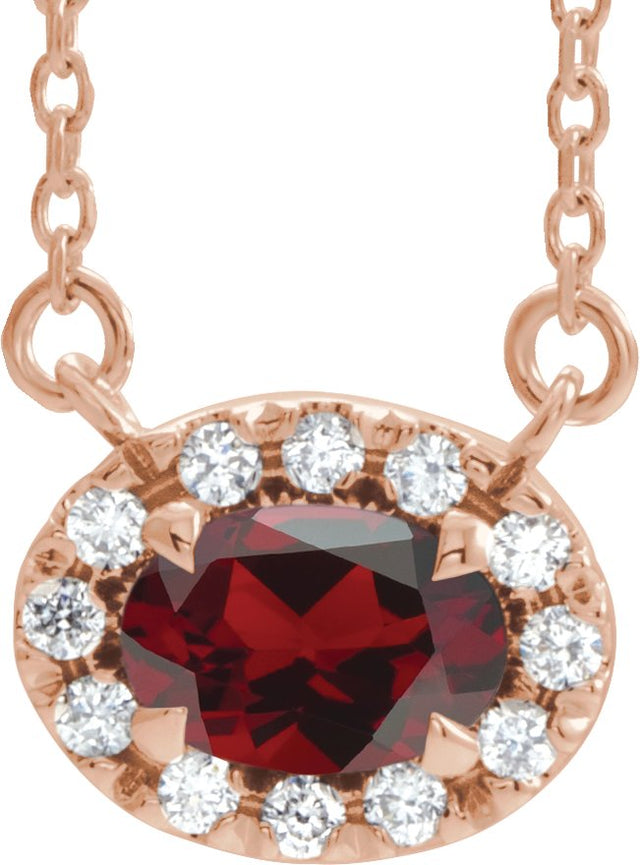 14K Gold Oval Natural Mozambique Garnet French-Set Halo-Style Necklace - Rose Gold