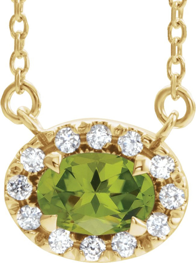 14K Gold Oval Natural Peridot French-Set Halo-Style Necklace - Yellow Gold