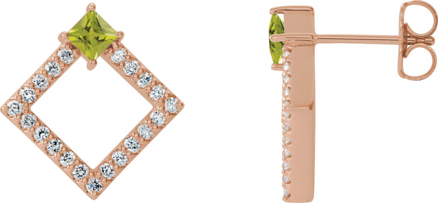14K Gold Square Natural Peridot Accented Geometric Earrings - Rose Gold