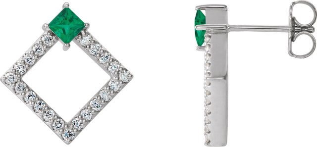 14K Gold Square Natural Emerald Accented Geometric Earrings - White Gold