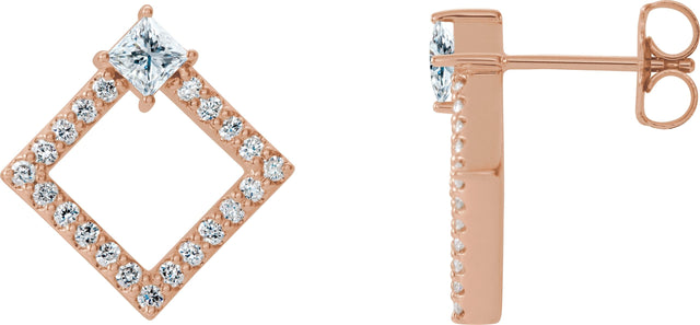 14K Gold Square Natural White Sapphire Accented Geometric Earrings - Rose Gold