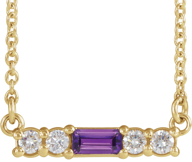 14K Gold Straight Baguette Natural Amethyst Accented Bar Necklace – 1/8 CTW - Yellow Gold
