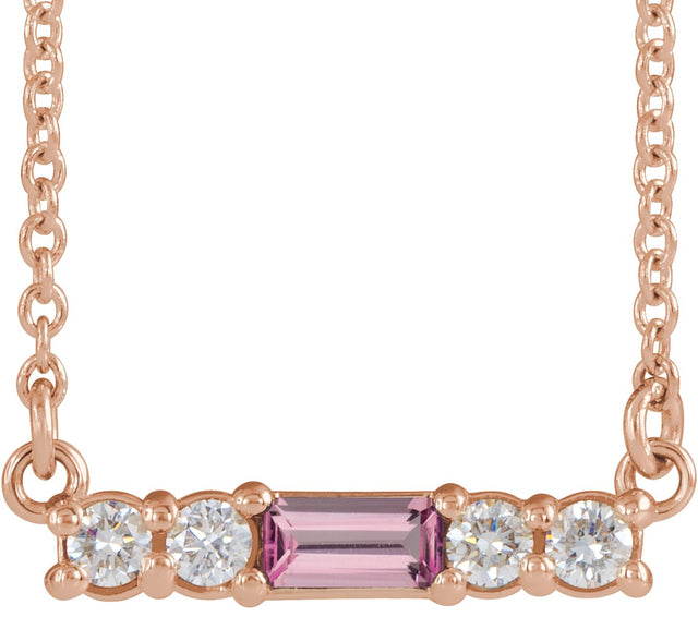 14K Gold Straight Baguette Natural Pink Tourmaline Accented Bar Necklace – 1/8 CTW - Rose Gold