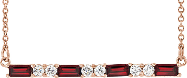 14K Gold Straight Baguette Natural Mozambique Garnet Accented Bar Necklace - Rose Gold