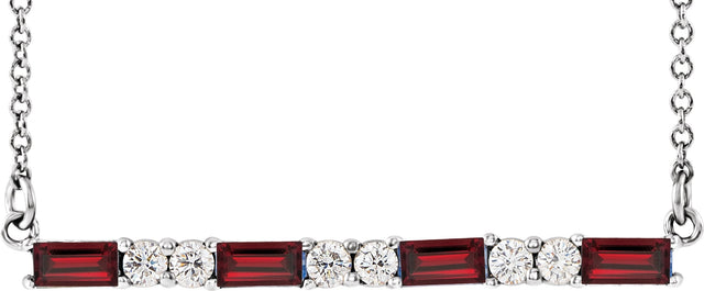 Platinum Straight Baguette Natural Mozambique Garnet Accented Bar Necklace