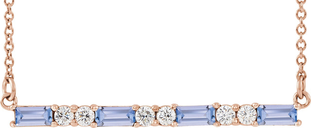 14K Gold Straight Baguette Natural Tanzanite Accented Bar Necklace - Rose Gold