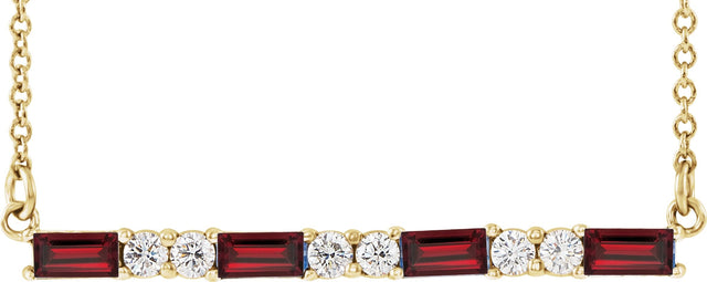 14K Gold Straight Baguette Natural Mozambique Garnet Accented Bar Necklace - Yellow Gold