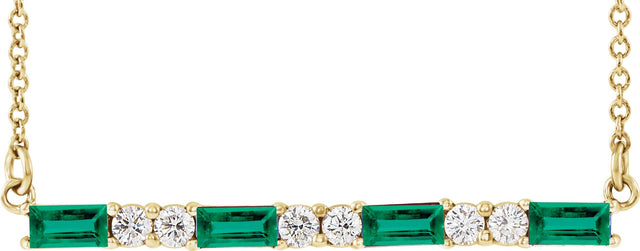 14K Gold Straight Baguette Natural Emerald Accented Bar Necklace - Yellow Gold