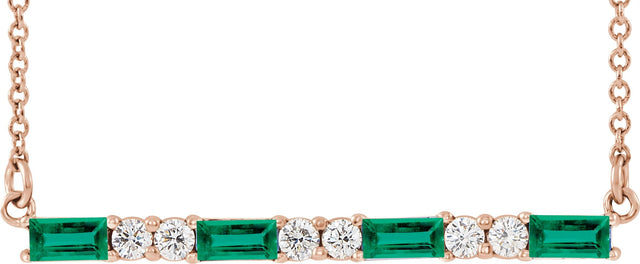 14K Gold Straight Baguette Natural Emerald Accented Bar Necklace - Rose Gold