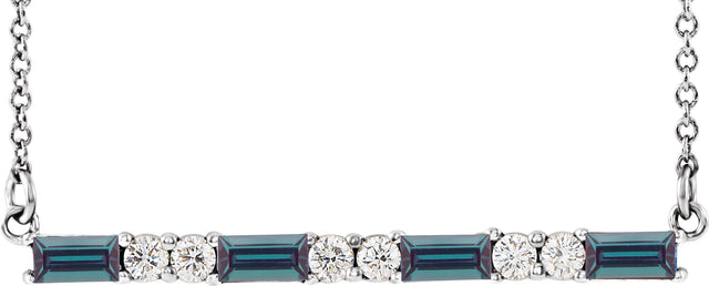 14K Gold Straight Baguette Lab-Grown Alexandrite Accented Bar Necklace - White Gold
