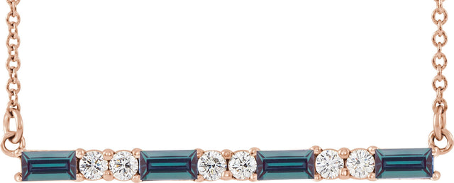 14K Gold Straight Baguette Lab-Grown Alexandrite Accented Bar Necklace - Rose Gold