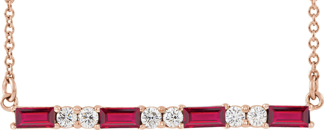 14K Gold Straight Baguette Natural Ruby Accented Bar Necklace - Rose Gold