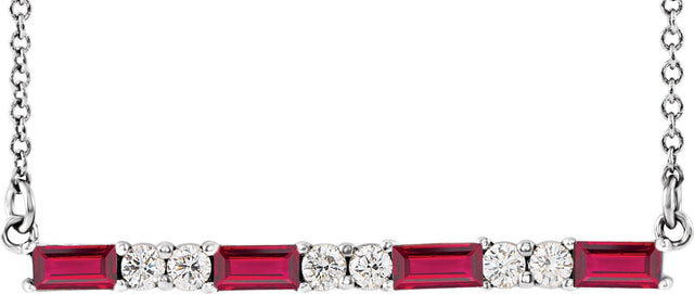 14K Gold Straight Baguette Natural Ruby Accented Bar Necklace - White Gold