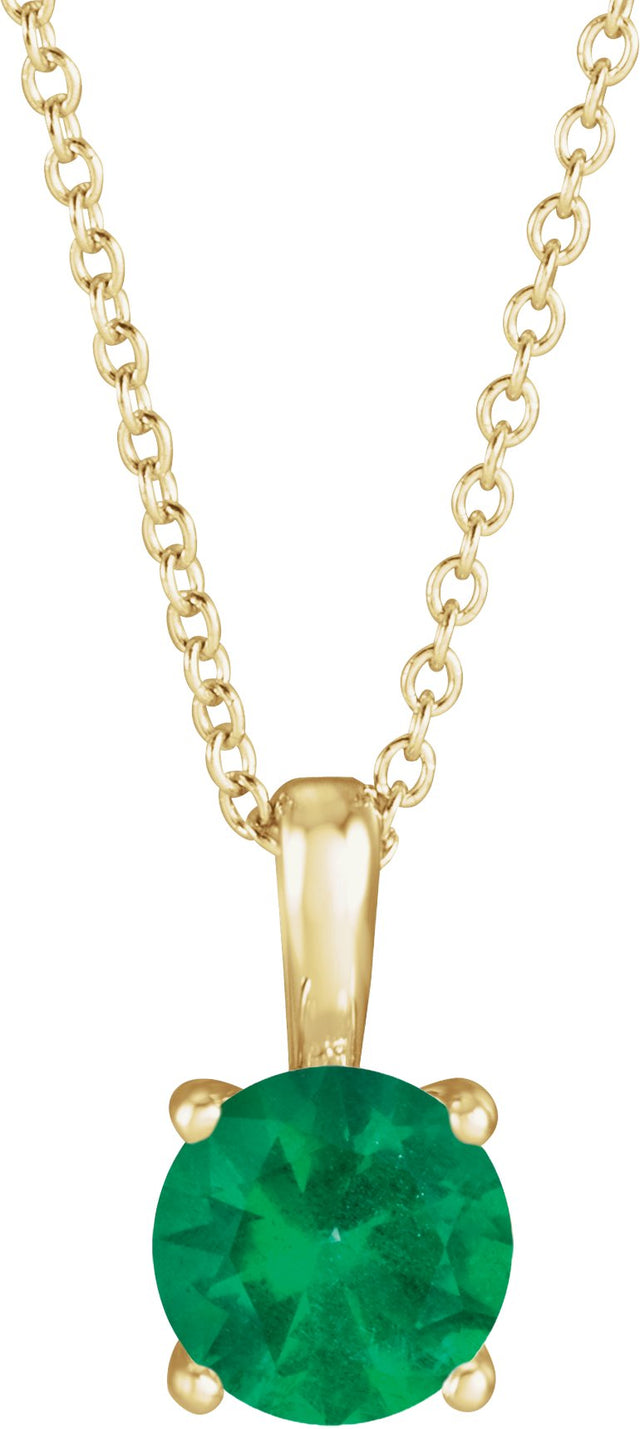 14K Gold Round Natural Emerald Solitaire Necklace or Pendant - Yellow Gold