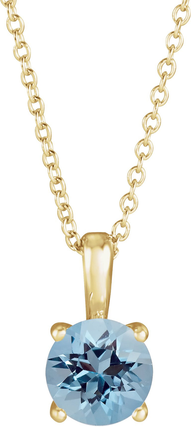 14K Gold Round Natural Aquamarine Solitaire Necklace or Pendant - Yellow Gold