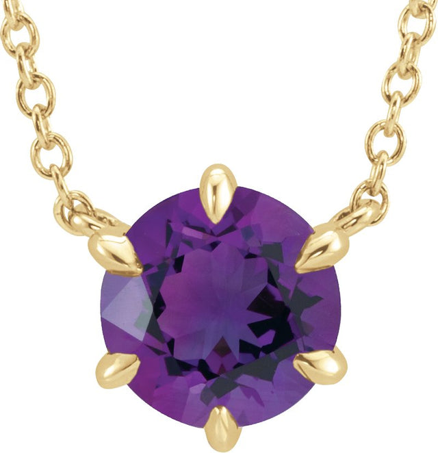 14K Gold Round Natural Amethyst Solitaire Necklace II - Yellow Gold